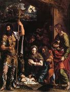 Giulio Romano, La nativite de l'enfant jesus avec l'adoration des bergers entre Saint Jean l'Evangeliste et Saint Longin
